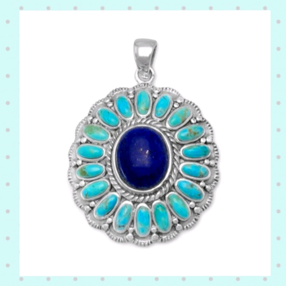OXIDIZED TURQUOISE LAPIS FLOWER PENDANT